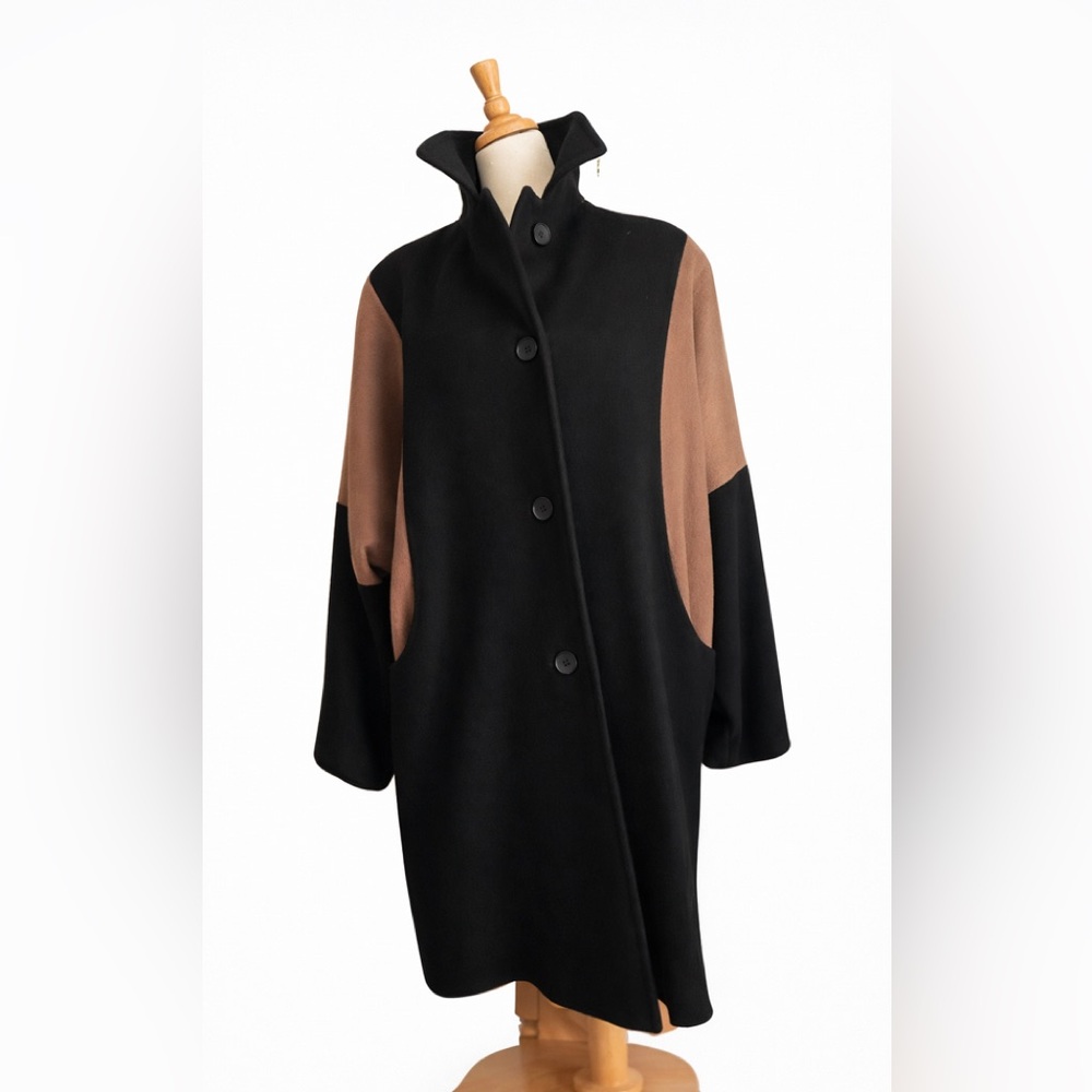 Vintage 80s Freddi-Gail Colorblock Wool Coat Dolman Sleeve Black Camel 14